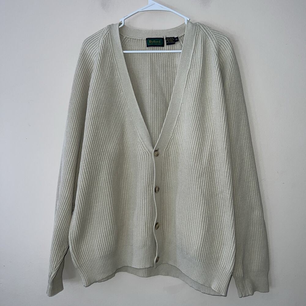 Vintage Byford Sweater Mens XL Cardigan Grandpa Cotton Made England Beige